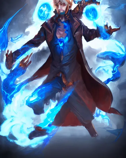 Image similar to an angry mysterious mage dressed in modern clothes controlling blue flames with his hands, fit on frame, golden ratio, WLOP style, character art, fighting pose, mixed media, digital art, trending on artstation, 8k, epic composition, highly detailed, sharp focus