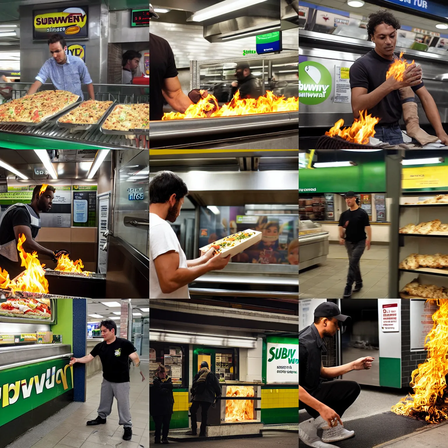 Prompt: a man on fire working at subway