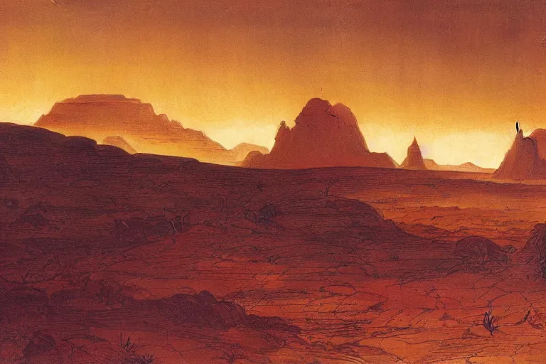 Prompt: a martian landscape, by ralph mac quarrie and francois schuiten and albert bierstadt and james jean, cinematic lighting, moody atmosphere, golden ratio, perfect composition, elegant and delicate, concept art, high quality