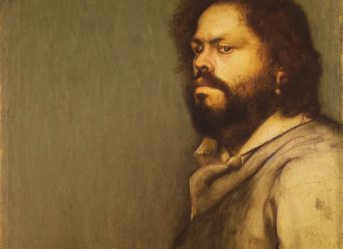 Image similar to portrait of man in the style of gustav courbet, jan van eyck, eilif peterssen, pekka halonen, finnish naturalism, realism, realist style, cynical realism, magnus enckell, jean - francois millet, jules bastien - lepage