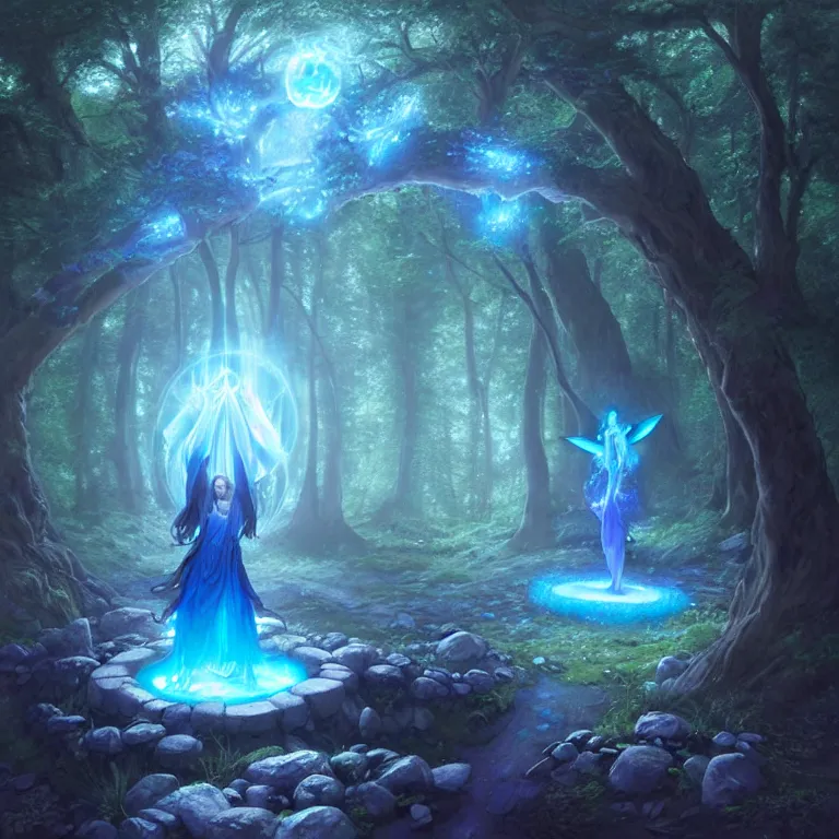 Image similar to Fantasy Magical fairy-tale glowing blue stone portal in the forest. Round stone portal teleport in trees to other worlds. Fantastic landscape. Magic Altar in the fores, highly detailed, digital painting, artstation, concept art, smooth, sharp focus, illustration, art by artgerm and greg rutkowski and alphonse mucha