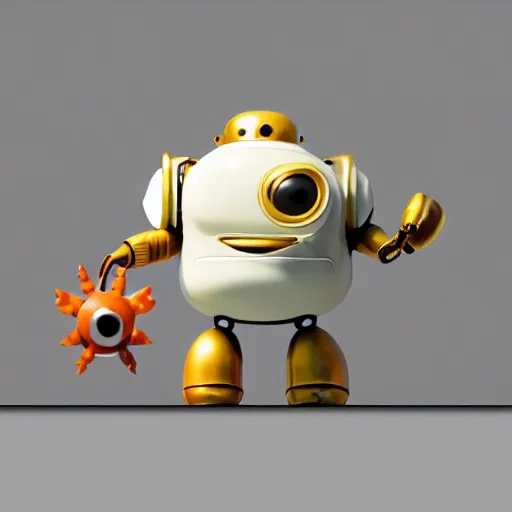 Image similar to a small chubby bot, colourful, smooth panelling, large gold eye intricate detail, style of cute pokemon, with damaged rusty arms, broken antenna, recycled, floating, white studio, oil, mechanical, cute toy, with an insect on its head, ambient light, in the style of pixar animation, pokedstudios, blender, octane render, 8 k,