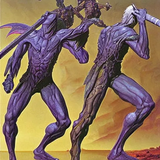 Prompt: fantasy sword concepts, painting by Wayne Douglas Barlowe ,