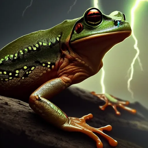 Prompt: Cyborg frog, 4k, trending on artstation, dramatic lightning, highly detailed, cinematic, illustration,