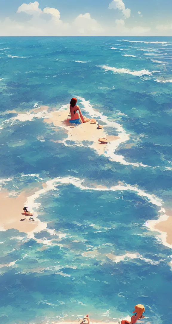 Image similar to Sunbathing at the beach, lots of ocean, uncluttered, tropical, bright, simple, by Studio Ghibli and Greg Rutkowski, artstation