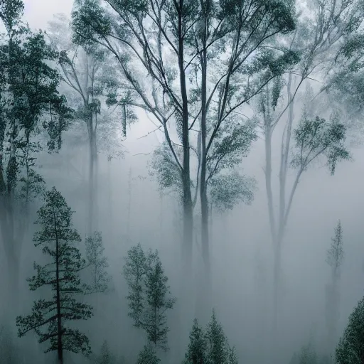 Image similar to professional photo of a tree top town similar to level of donkey kong country, by discovery magazine, real life, photorealistic, blue foggy dusk, soft focus, long exposure