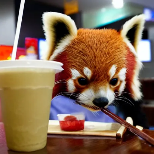 Image similar to Red Panda drinks Bubble Tea