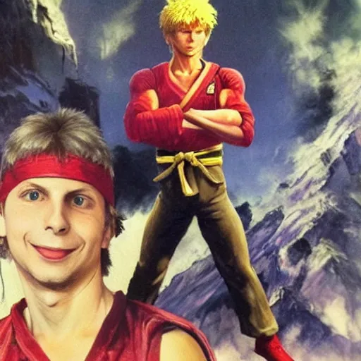 Image similar to michael cera as ken masters from street fighter, painting by frank frazetta, 4 k, ultra realistic, highly detailed,