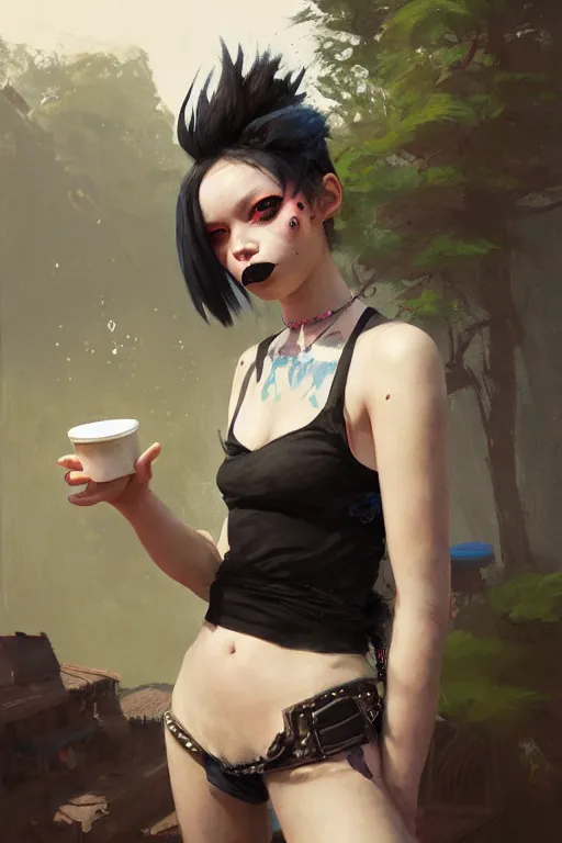 Image similar to portrait of a punk girl on a date with pepe! the frog! drinking coffee in the style of fenghua zhong and ruan jia and jeremy lipking and peter mohrbacher, extremely detailed digital painting, 8 k, natural lighting