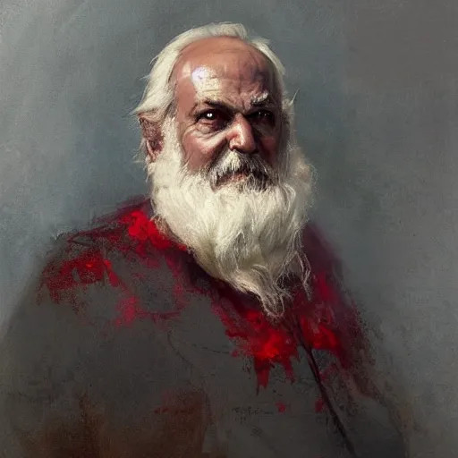 Image similar to Solomon Joseph Solomon and Richard Schmid and Jeremy Lipking victorian genre painting portrait painting of a old rugged dragon character in fantasy costume, red background