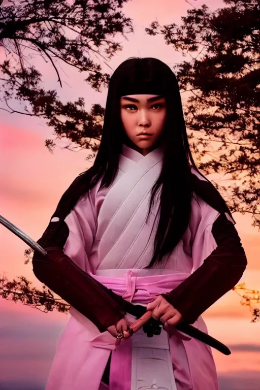 Image similar to highly detailed beautiful photo of madison beer as a young female samurai, practising sword stances, symmetrical face, beautiful eyes, pink hair, realistic anime art style, 8 k, award winning photo, pastels colours, action photography, 1 / 1 2 5 shutter speed, sunrise lighting