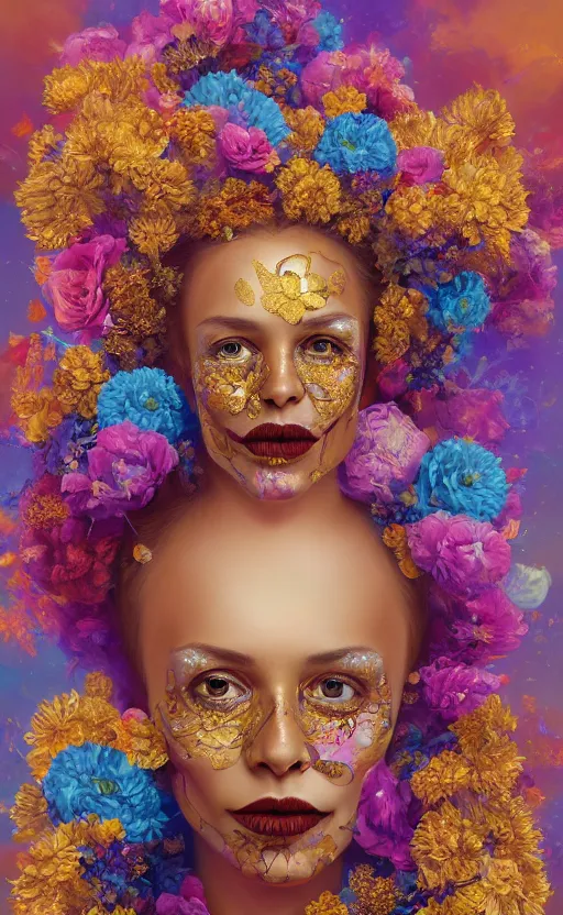 Image similar to a gold oil painting hyperrealism of a beautiful woman on a white background, flowers, dia de los muertos makeup, floral headdress, 8 k resolution, octane render, trending on artstation, by gediminas pranckevicius, volumetric light 2 blue fractal thunder glow by dan mumford, anaglyph effect, laurie lipton