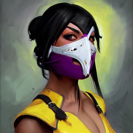 Image similar to greg manchess portrait painting of mileena from mortal kombat wearing a mask covering her mouth as overwatch character, medium shot, asymmetrical, profile picture, organic painting, sunny day, matte painting, bold shapes, hard edges, street art, trending on artstation, by huang guangjian and gil elvgren and sachin teng