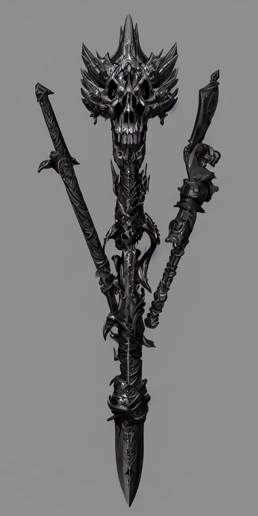 Prompt: a black and silver sword skull crest, weapon, a 3 d render by dom qwek, front side, concept art, trending on polycount, artstation, hard surface modeling, rendered in maya, zbrush, hd, vray, blizzard, symmetry