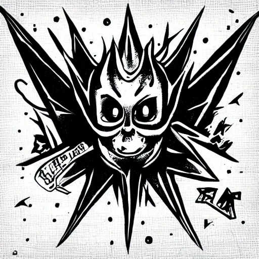 Image similar to cute little satan drawing with big eyes black and white, ink pen, metal music grindcore album cover style, handwriting, metal band name typography