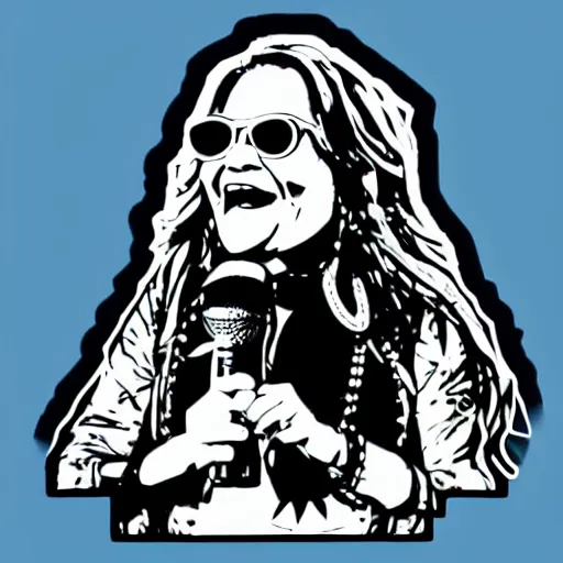 Prompt: 1 9 7 0 - janice joplin singing into the microphone, swagger, sticker - art, svg vector, adobe - illustrator