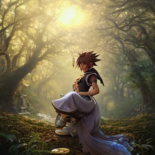 Prompt: intricate detailed portrait painting of sora from kingdom hearts a beautiful forest meadow, temple ruins surrounded by lush forest, afternoon, intricate, elegant, highly detailed, digital painting, sharp, focus, illustration art by artgerm and greg rutkowski and alphonse mucha