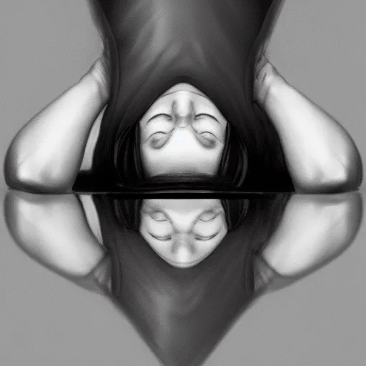 Prompt: eye - level view of a beautiful woman, laying on the ground, hands peacefully resting under her chin, water reflection!!!!!, water mirrored water, reflection echo, 4 k, detailed facial features!!!!!, artstation photorealism, photorealism