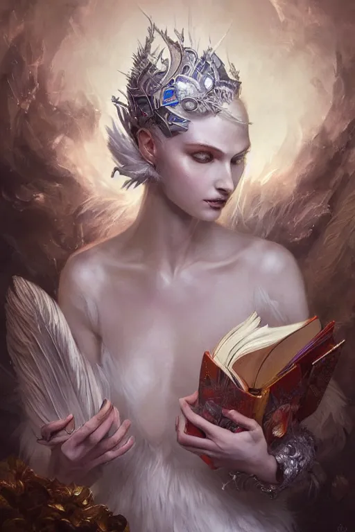 Image similar to beautiful ghost model wearing crystal white feathers, holding books, queen of storytelling, diamonds, angel, fantasy, dramatic lighting, highly detailed, digital painting, magic the gathering, hyper detailed, 3 d render, hyper realistic detailed portrait, peter mohrbacher, wlop, ruan jia