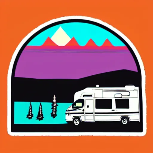 Prompt: sticker of a white and black cute thor chateau! motorhome camper!!, mountains, colorful sunset!!, thick lines, very minimal art, sticker!! by tom whalen