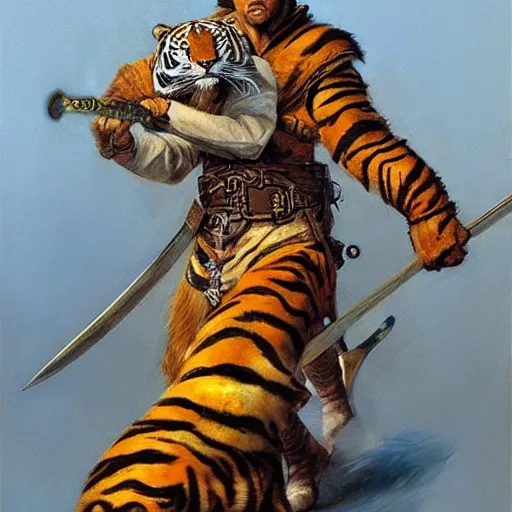 Image similar to Swordsman with the head of a tiger as a fantasy D&D character, portrait art by Donato Giancola and James Gurney, digital art, trending on artstation