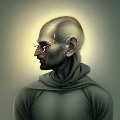 Image similar to rabbit that looks like steve jobs, by zdzislaw beksinski, by tiffany bozic, cold hue's, warm tone gradient background, concept art, beautiful composition, digital painting