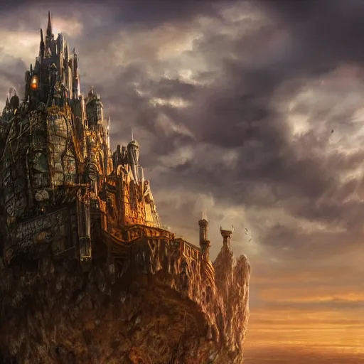 Prompt: large fantasy castle rising from the top of a giant tortoise, towering over a harsh barren wasteland, howls moving castle, mortal engines, kaiju, distant - mid - shot centered, fantasy, hyper detailed, 4 k