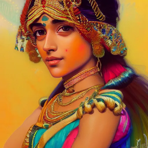 Prompt: close up portrait shot of a beautiful indian princess wearing flowing colourful clothes, highly detailed face, detailed eyes, alphonse mucha, rhads, ross tran, artstation, artgerm, octane render, 1 6 k