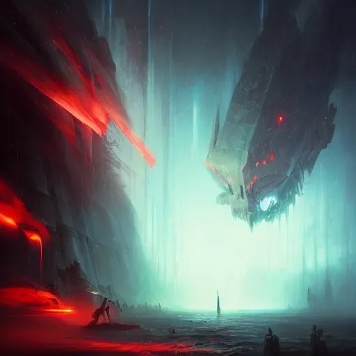 Image similar to ''cinematic shot'' of a demonic dark mech with red eyes looking into your soul realistic atmosferic made by ivan aivazovsky, peter mohrbacher, greg rutkowski volumetric light effect broad light oil painting painting fantasy art style sci - fi art style realism premium prints available artwork unreal engine