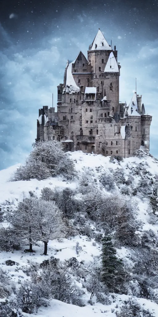 Image similar to a abandoned castle on the top of a snowy mountain, 8 k, shallow depth of field, intricate detail, concept art,