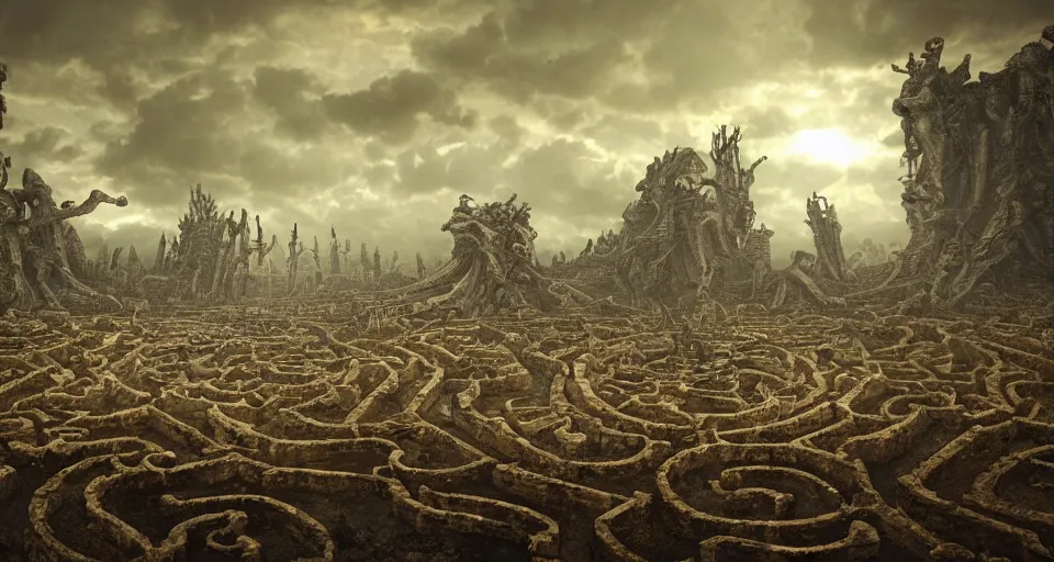 Image similar to circular bone labyrinth made out of gigantic monster bones, art deco medieval style, grimdark vibes, golden skeleton statue in center of labyrinth, abandoned vibes, gloomy moody clouds, god sun rays, complimentary color scheme, G liulian Art style, dynamic lighting, highly detailed, cinematic landscape, octane render, unreal engine