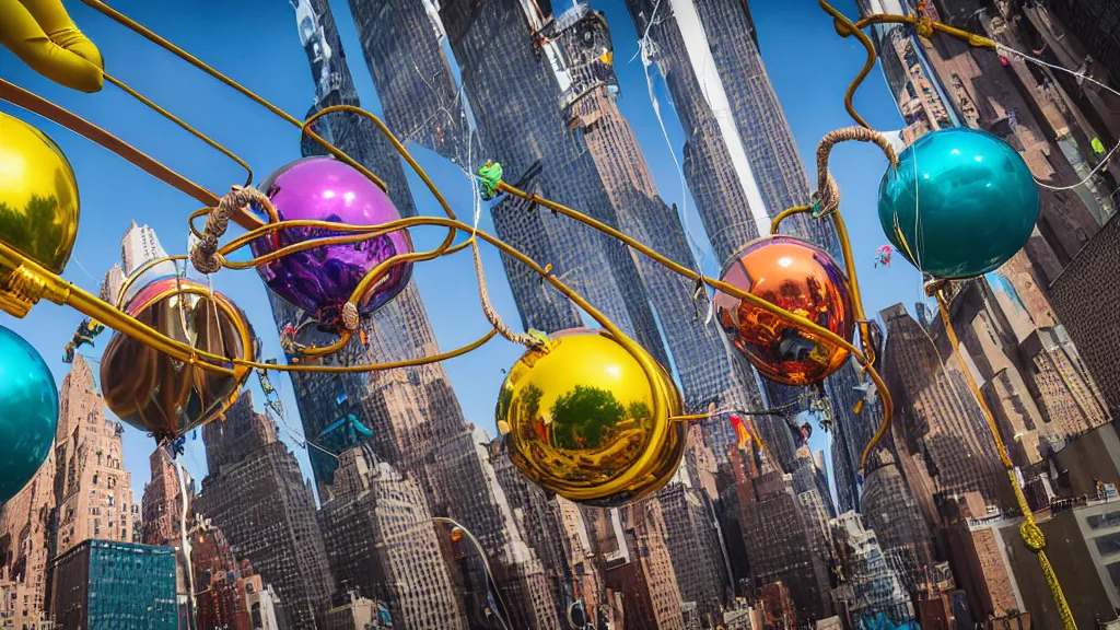 Image similar to large colorful futuristic space age metallic steampunk balloons with pipework and electrical wiring around the outside, and people on rope swings underneath, flying high over the beautiful mew york city landscape, professional photography, 8 0 mm telephoto lens, realistic, detailed, photorealistic, photojournalism