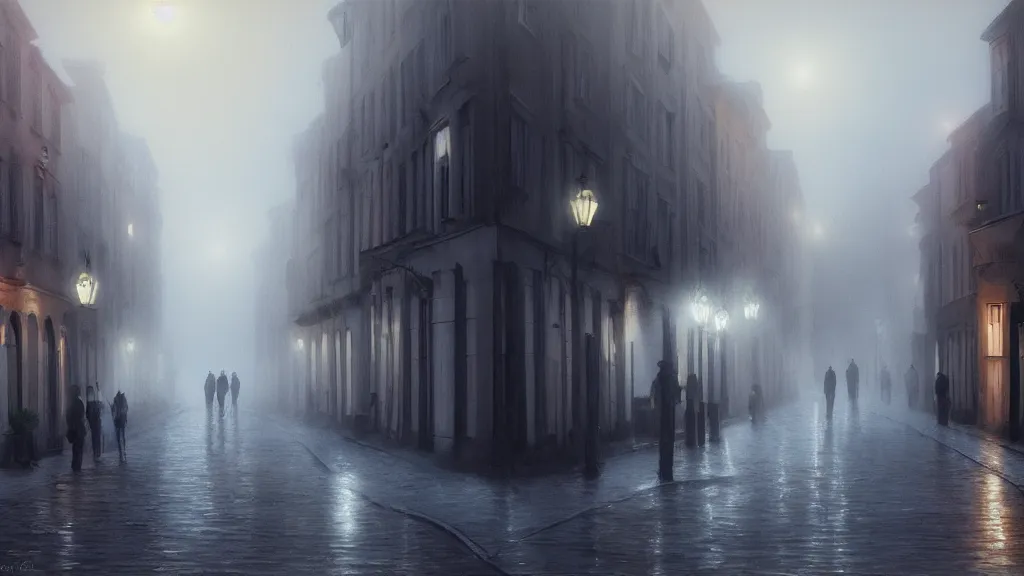 Image similar to many peoples on street of the old town with houses in the windows of which the light is on. early morning, fog on ground, wet street. mike barr painting. volumetric light, dull colors, dark, noir arthouse, 3 5 mm, hight detalied, hd, 4 k