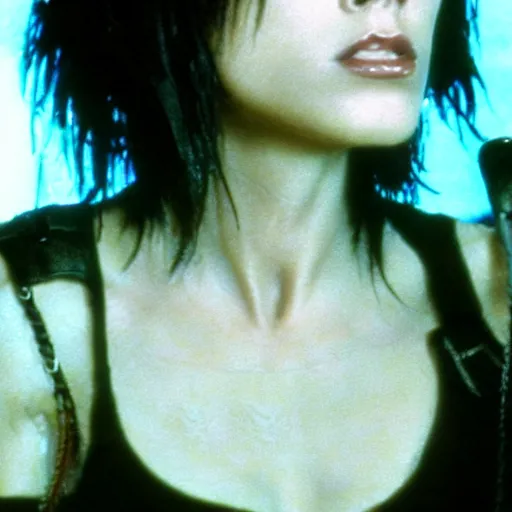 Image similar to a film portrait still of joan jett in blade runner, gritty cyberpunk atmosphere. realism, cinematic lighting, beautiful gothic fantasy photorealistic, 4 k. 8 mm. grainy. panavision.