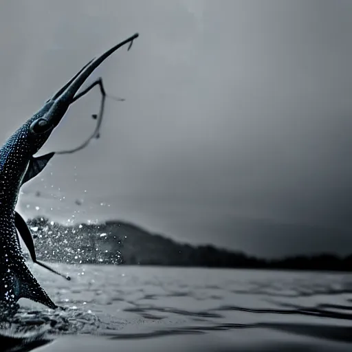 Prompt: a real life gyarados swimming in a lake, proof photograph, black and white, blurry, old camera, grainy, motion blur, unfocused