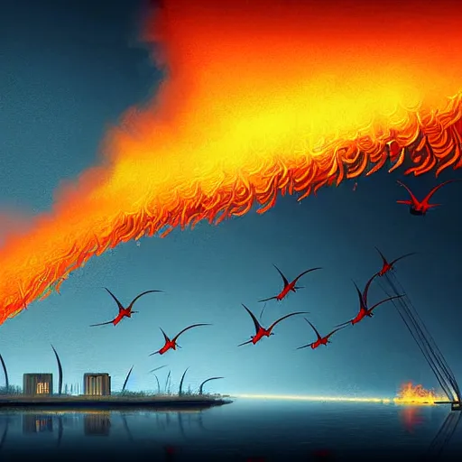 Image similar to in the lower part of the picture is the harp burning in the fire, above are cranes flying in flames, digital painting, concept art