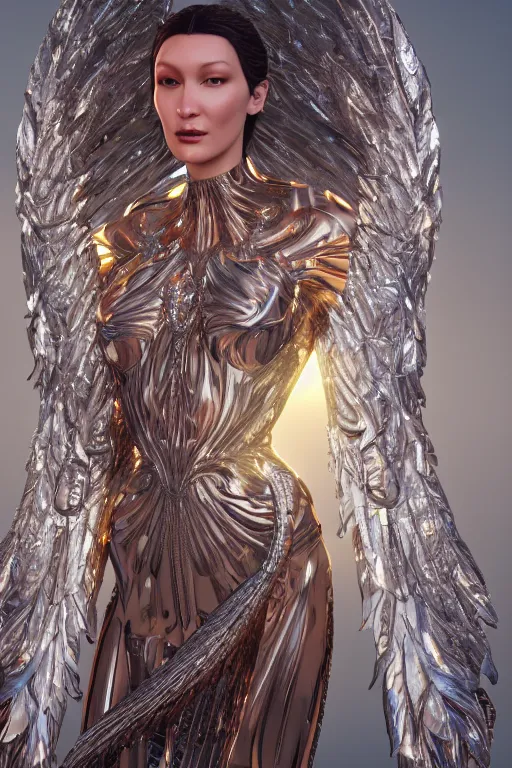 Image similar to a highly detailed 8 k render of a beautiful angel alien goddess bella hadid in iris van herpen dress schiaparelli in diamonds in style of alphonse mucha trending on artstation made in unreal engine 4