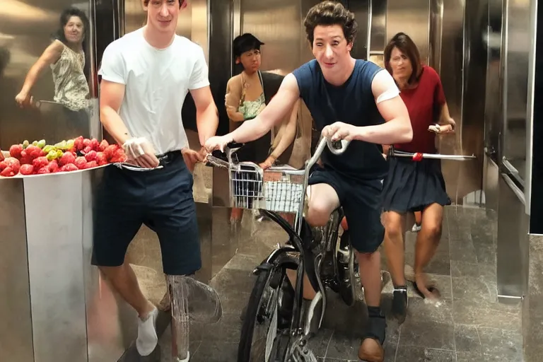 Image similar to miles teller in a bangkok elevator hula hopping while eating stawberries on a bike