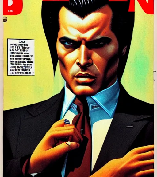 Prompt: a cyberpunk mafia boss in a suit with slicked back black hair played by marlon brando staring at the camera, 1 9 7 9 omni magazine cover, style by vincent di fate, artgerm, very coherent, detailed, 4 k resolution, dark, unreal engine, daz