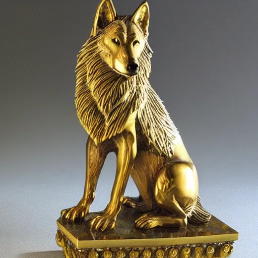 Image similar to gorgeous wolf statue with gold filigree, carved marble