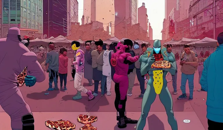 Prompt: cyborg eating pizza at a dirty crowded streetcorner, cyberpunk, by Josan Gonzalez and Tomer Hanuka and Moebius, bokh, dof