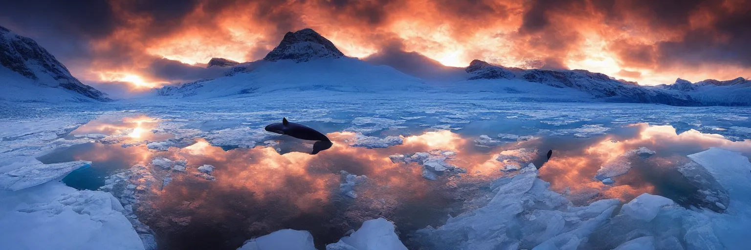 Prompt: amazing landscape photo of a large whale underneath transparent frozen lake at sunset by marc adamus beautiful dramatic lighting