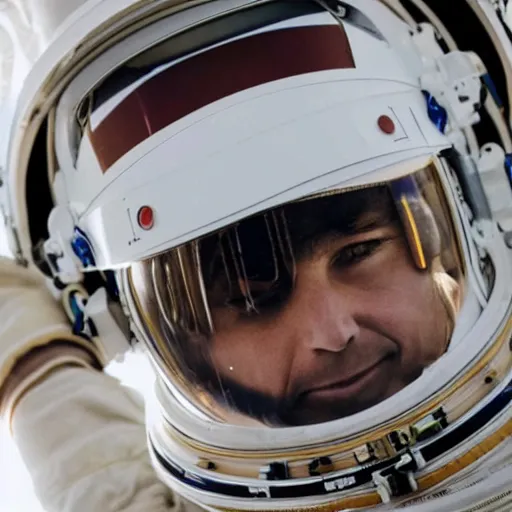 Prompt: a close up photo of an astronaut floating in space. you can see the reflection of the photographer in his helmet.