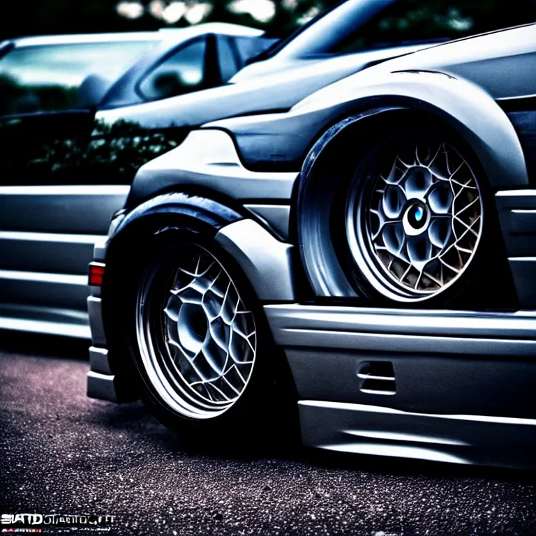 Image similar to close-up-photo BMW E36 illegal JDM meet, Saitama prefecture, misty night, cinematic color, photorealistic, high detailed wheels, highly detailed