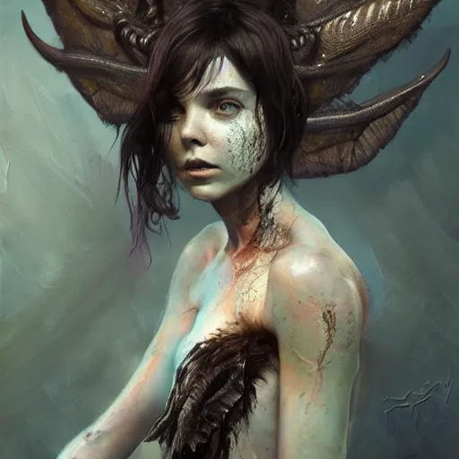 Image similar to alien dark fae girlboss based on jennifer connelly mixed with anya taylor - joy, bumpy mottled skin, big black feathered wings instead of arms, body horror, expressive oil painting, by yoshitaka amano, by greg rutkowski, by jeremy lipkinng, by artgerm, digital art, octane render