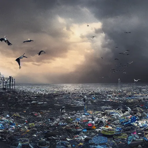 Image similar to on water, enormous huge islands of tyres and garbage floating, seagulls flying in the forecasted sky, dramatic light, post apocalyptic, rainy weather, wet,highly detailed, wide shot, 8K mate painting, concept