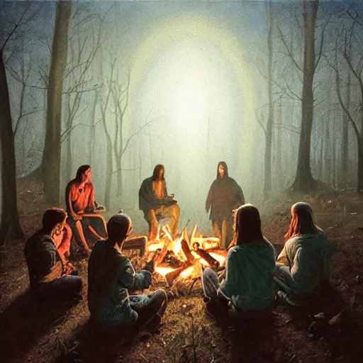 Prompt: jesus speaking to 6 people around a campfire at night in the woods by a stream, river gorgeous lighting, lush forest foliage night sky a hyper realistic painting by chiara bautista and beksinski and norman rockwell and greg rutkowski weta studio, and lucasfilm