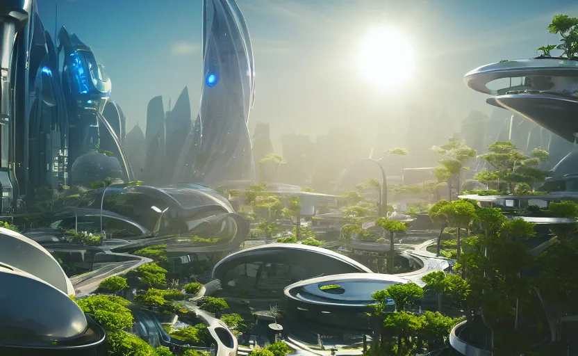 Prompt: A futuristic city with plants growing and ships are flying in the air. daylight. sunlight. lens flare. light fixtures. 8K. detailed. photorealism. artstation. 25mm f/1.7 ASPH Lens. ultra realistic