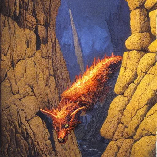 Image similar to Highly detailed oil painting of a fire hellhound on a narrow rock bridge, underground, intricate artwork by Angus McBride, John Howe, Matthew Stewart, Ted Nasmith, heroic fantasy