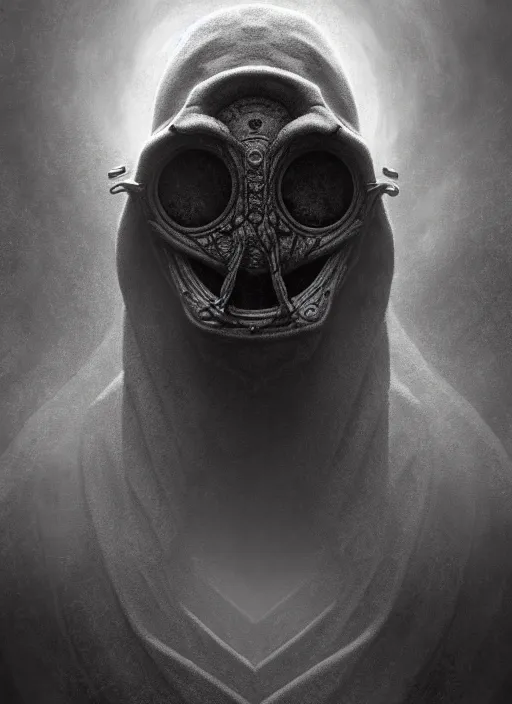 Image similar to symmetry!! stunning portrait of grotesque and horrifying plague doctor, muted colours, lovecraftian horror, cosmic horror!! cinematic lighting, horror fiction, digital art, winning award masterpiece, fantastically beautiful, aesthetically inspired by wayne barlowe and gerald brom, trending on artstation, art by greg rutkowski and h r giger, octane render, 8 k